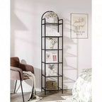 Estantería de vidrio templado, librería negra de 6 niveles con marco de acero delgado para dormitorio, baño, oficina en casa, estante de almacenamiento fuerte y resistente.