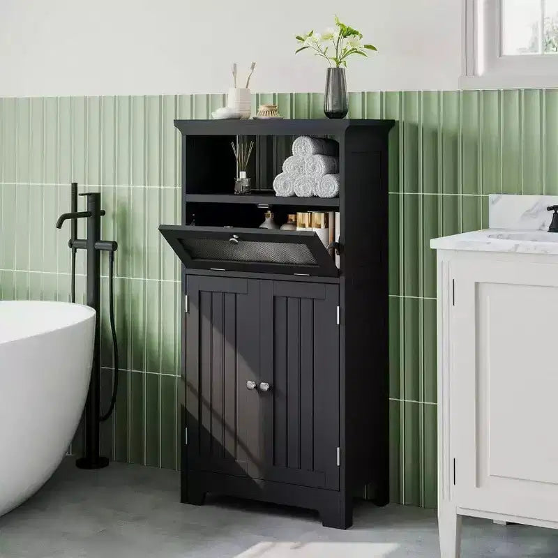 Freestanding Bathroom Cabinet Black Flip Glass Drawer 2 Doors Adjustable Shelf Open Storage Bathroom Living Room Hallway
