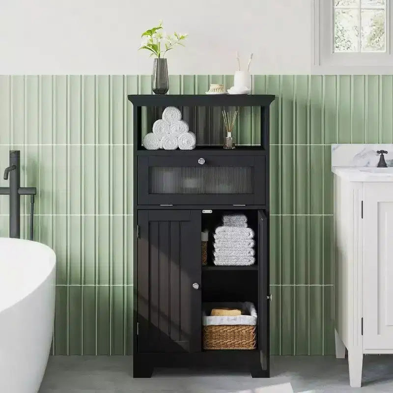 Armario de baño independiente negro con cajón de cristal abatible, 2 puertas, estante ajustable y almacenamiento abierto para baño, sala de estar o pasillo