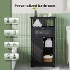 Armario de baño independiente negro con cajón de cristal abatible, 2 puertas, estante ajustable y almacenamiento abierto para baño, sala de estar o pasillo