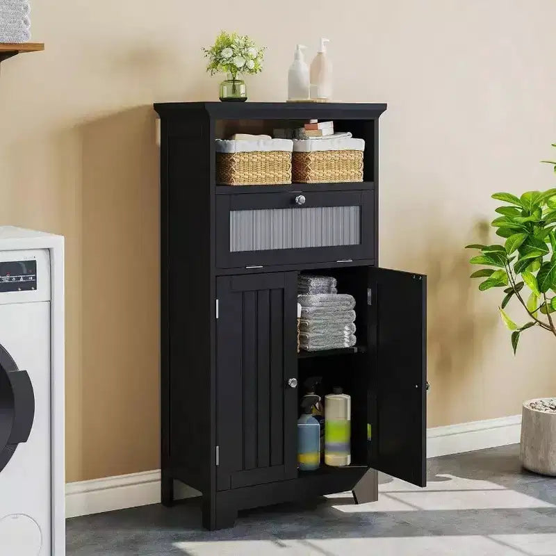 Armario de baño independiente negro con cajón de cristal abatible, 2 puertas, estante ajustable y almacenamiento abierto para baño, sala de estar o pasillo