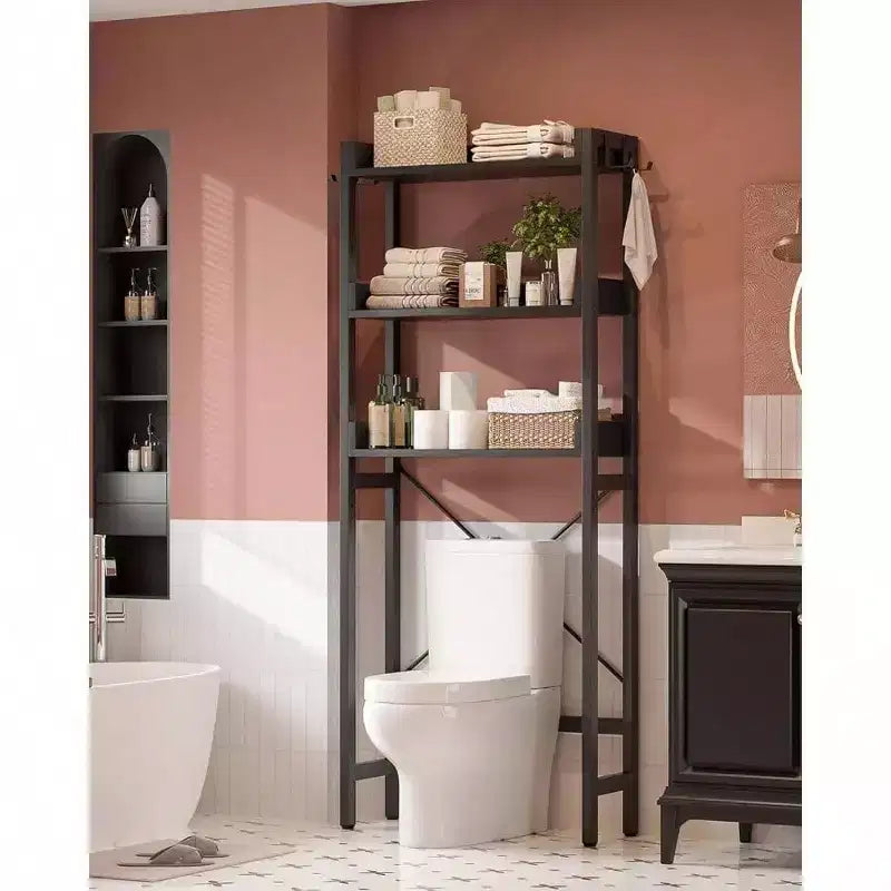 Estante de almacenamiento sobre inodoro de 3 niveles, organizador de baño, estantería independiente que ahorra espacio con 4 ganchos, color negro