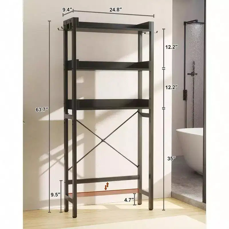 Estante de almacenamiento sobre inodoro de 3 niveles, organizador de baño, estantería independiente que ahorra espacio con 4 ganchos, color negro