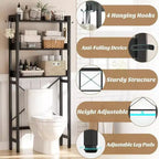 Estante de almacenamiento sobre inodoro de 3 niveles, organizador de baño, estantería independiente que ahorra espacio con 4 ganchos, color negro