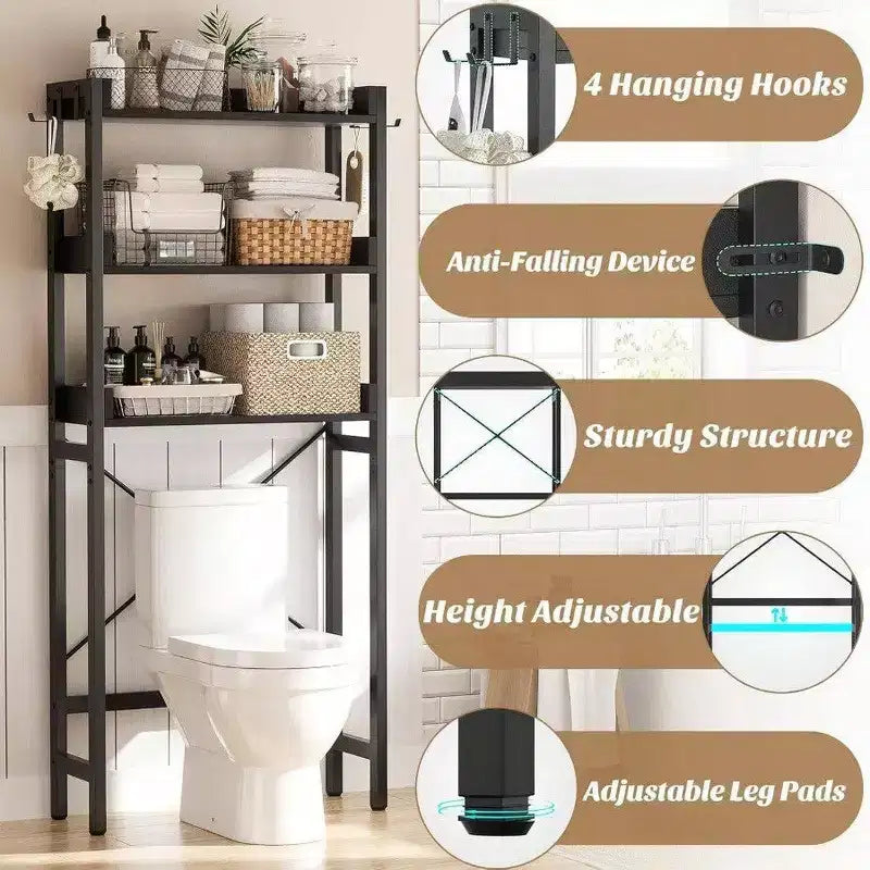 Estante de almacenamiento sobre inodoro de 3 niveles, organizador de baño, estantería independiente que ahorra espacio con 4 ganchos, color negro