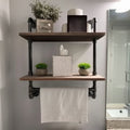 Industrial Pipe Shelf 2 Tiered Metal Towel Racks Bathroom 20 Inch Rustic Wood Wall Mount Shelf with Bar Iron Towel Holder