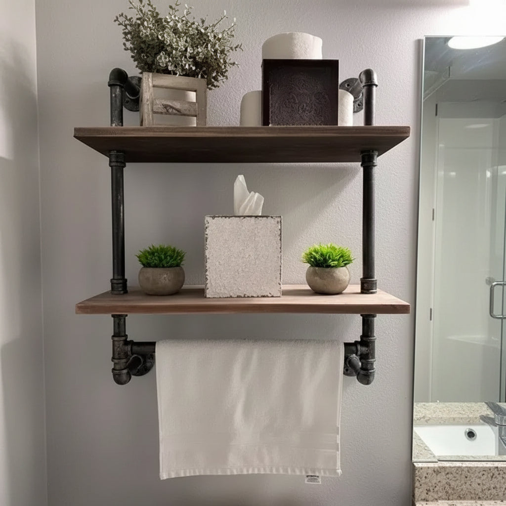 Industrial Pipe Shelf 2 Tiered Metal Towel Racks Bathroom 20 Inch Rustic Wood Wall Mount Shelf with Bar Iron Towel Holder