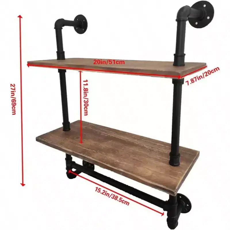 Estante de tubería industrial de 2 niveles, toalleros de metal, baño, estante de pared de madera rústica de 20 pulgadas con barra, toallero de hierro
