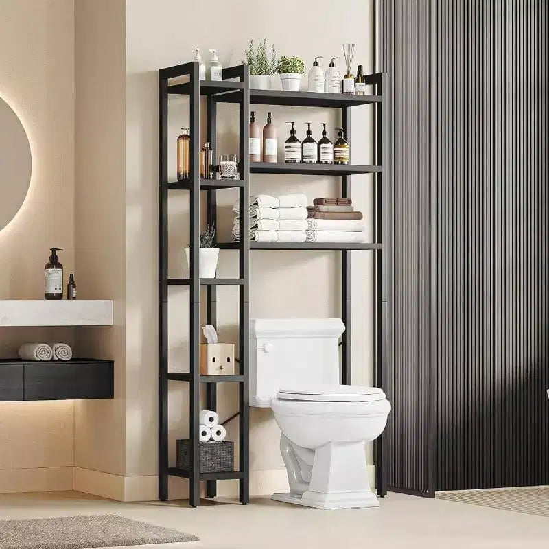 Almacenamiento Sobre el Inodoro con Estantería de 8 Niveles, Gran Capacidad, Estante Abierto, Organizador de Baño Independiente, Ahorro de Espacio Negro