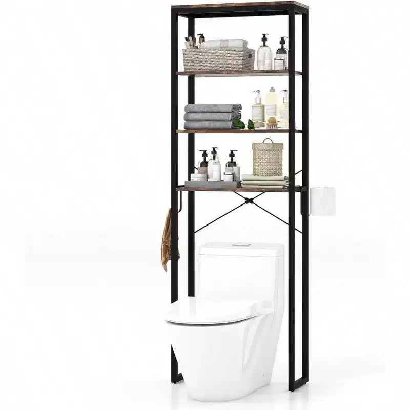 Bathroom Over Toilet Storage Rack 4 - Tier Industrial Organizer Shelf with Toilet Paper Holder Hook Multifunctional Freestanding