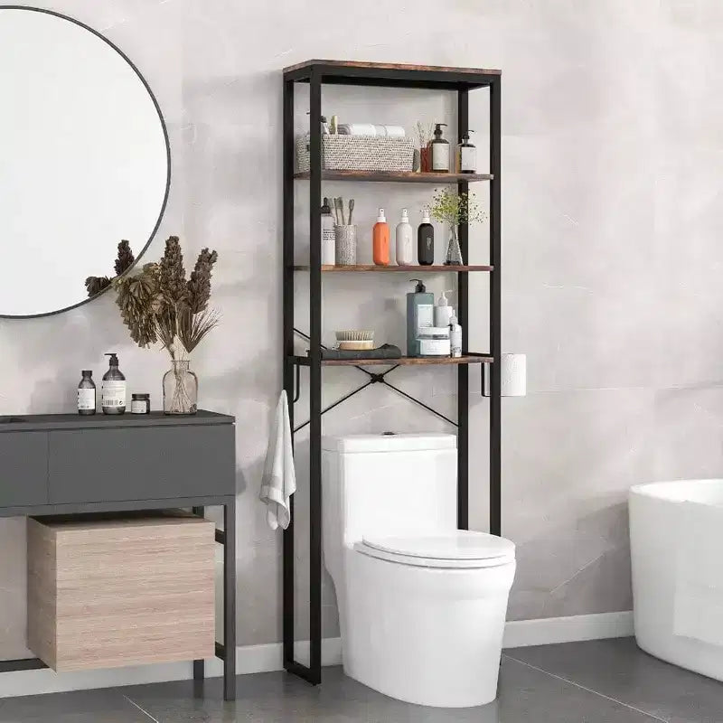 Estantería de almacenamiento para baño sobre el inodoro de 4 niveles, organizador industrial con gancho para papel higiénico, estante multifuncional independiente
