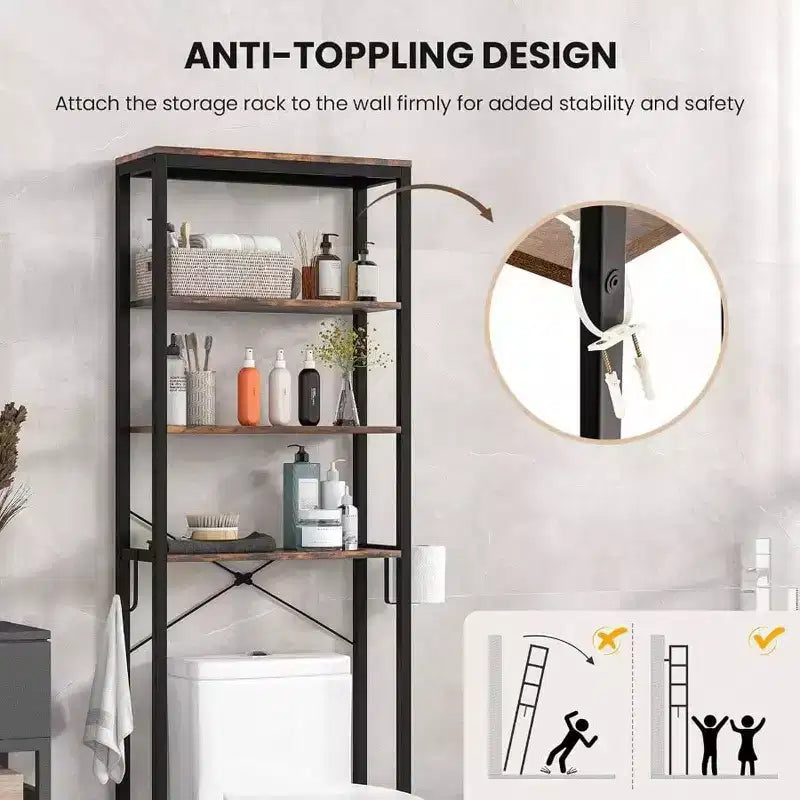 Estantería de almacenamiento para baño sobre el inodoro de 4 niveles, organizador industrial con gancho para papel higiénico, estante multifuncional independiente