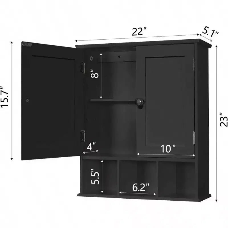 Organizador de armario de pared para baño, mueble sobre inodoro negro con 2 puertas, estantes ajustables, de madera, moderno, para baño