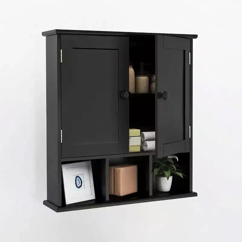 Organizador de armario de pared para baño, mueble sobre inodoro negro con 2 puertas, estantes ajustables, de madera, moderno, para baño