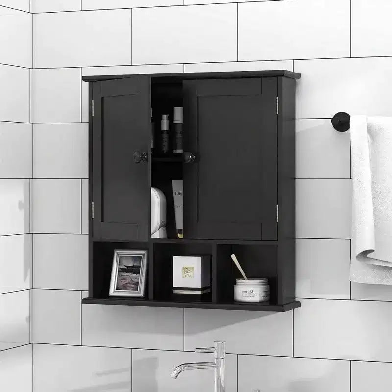 Organizador de armario de pared para baño, mueble sobre inodoro negro con 2 puertas, estantes ajustables, de madera, moderno, para baño