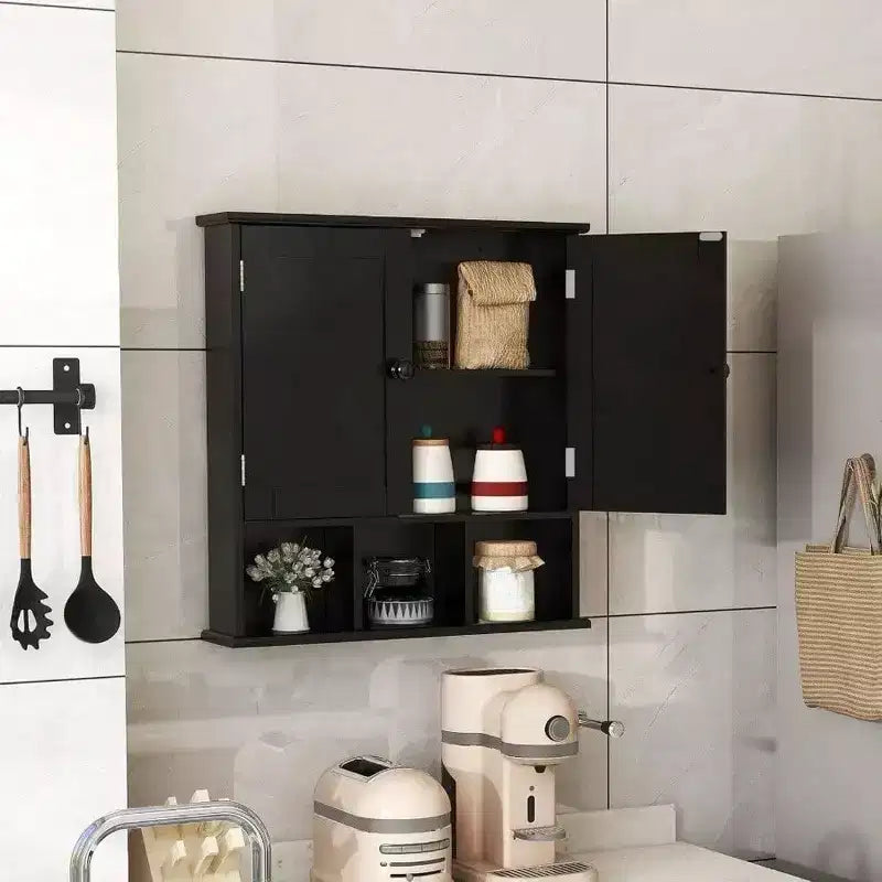 Organizador de armario de pared para baño, mueble sobre inodoro negro con 2 puertas, estantes ajustables, de madera, moderno, para baño