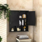 Organizador de armario de pared para baño, mueble sobre inodoro negro con 2 puertas, estantes ajustables, de madera, moderno, para baño