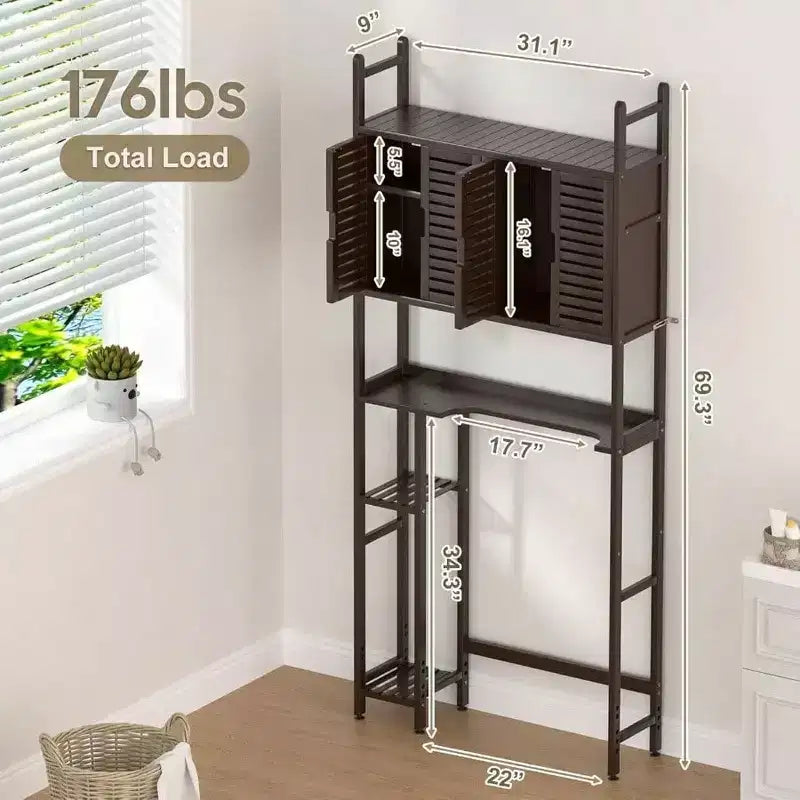 Armario de almacenamiento sobre el inodoro con soporte para papel higiénico, estante organizador de baño, cuatro puertas, almohadilla impermeable para los pies, estante que ahorra espacio, anti-