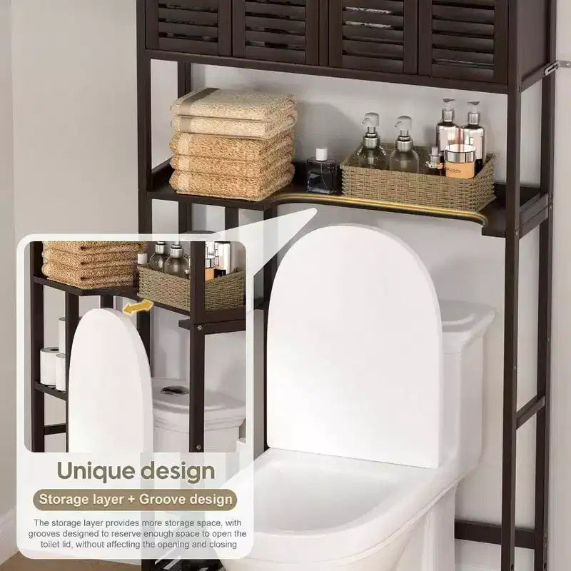 Armario de almacenamiento sobre el inodoro con soporte para papel higiénico, estante organizador de baño, cuatro puertas, almohadilla impermeable para los pies, estante que ahorra espacio, anti-