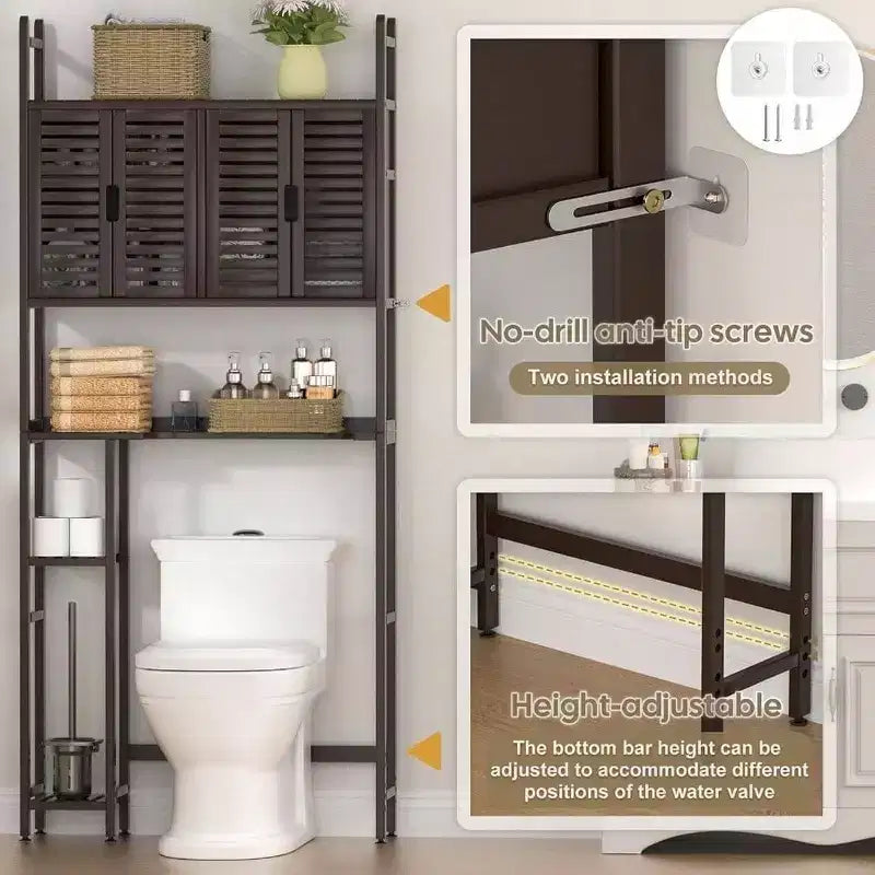 Armario de almacenamiento sobre el inodoro con soporte para papel higiénico, estante organizador de baño, cuatro puertas, almohadilla impermeable para los pies, estante que ahorra espacio, anti-
