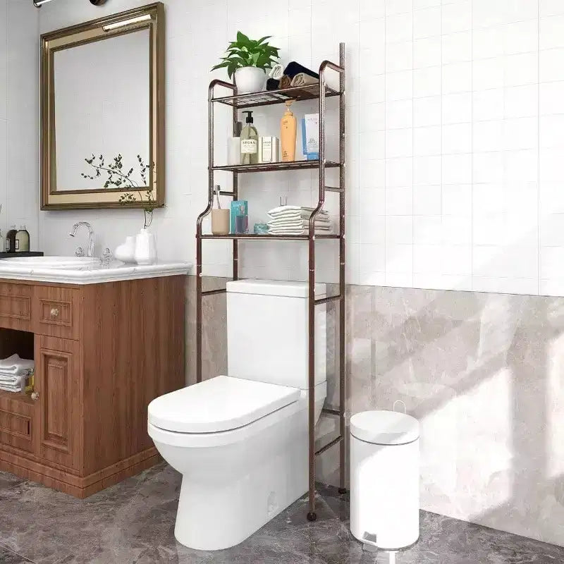 3 - Organizador de baño de estante sobre inodoro, ahorro de espacio, estante esquinero marrón para almacenamiento en baños pequeños