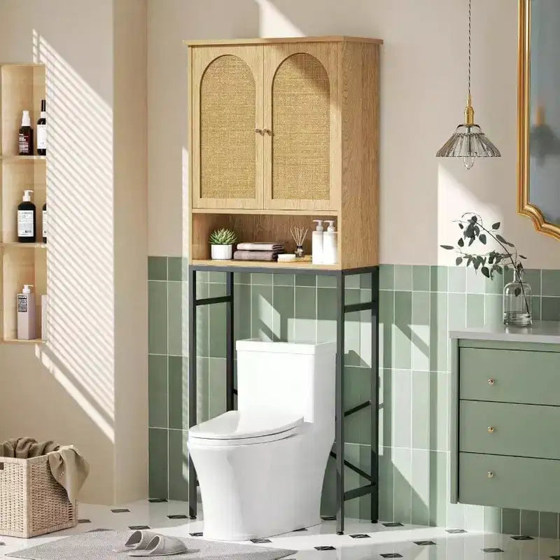 Rattan Toilet Storage Cabinet Over the Rack Wood Cabinet with Metal Stand Bathroom Organizer Adjustable Shelf Tall Freestanding