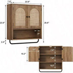 Gabinete de pared de baño de ratán, estilo bohemio con 2 puertas arqueadas, almacenamiento de granja sobre el inodoro con estantes ajustables y toallero