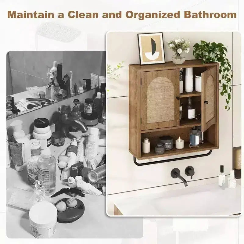Gabinete de pared de baño de ratán, estilo bohemio con 2 puertas arqueadas, almacenamiento de granja sobre el inodoro con estantes ajustables y toallero