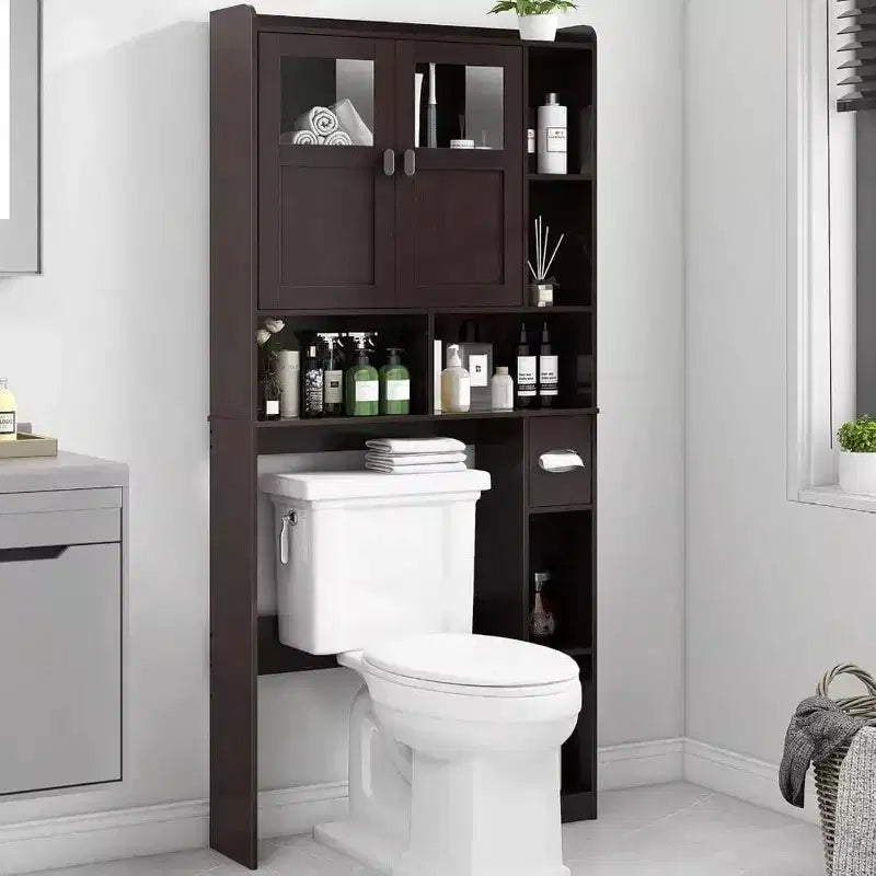 Over Toilet Storage Cabinet Bathroom Shelf with Glass Doors Adjustable Shelves Espresso Freestanding Space Save Toilet Rack