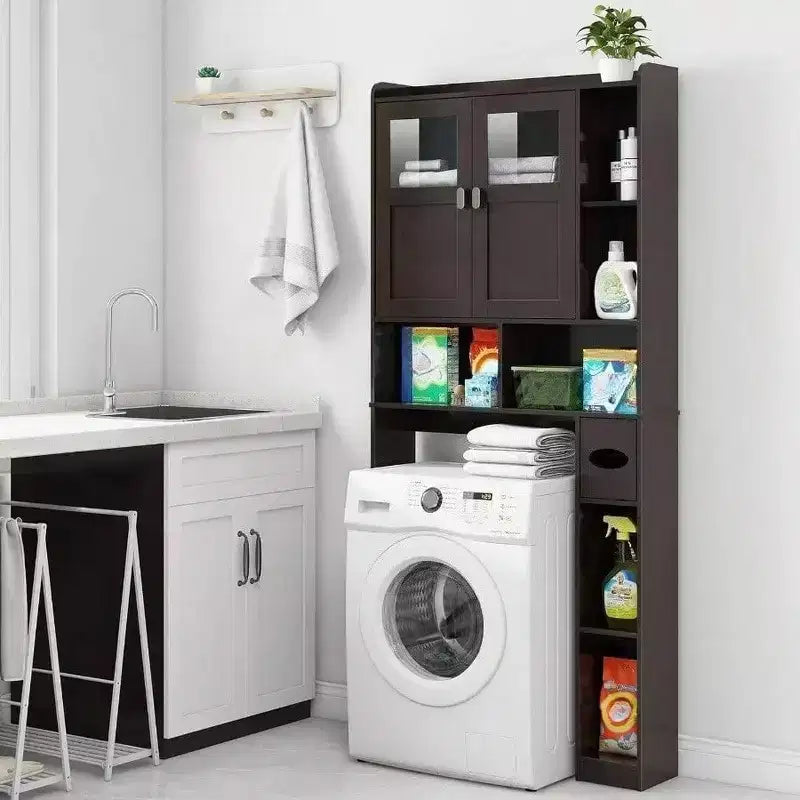 Armario de almacenamiento sobre el inodoro Estantería de baño con puertas de cristal Estantes ajustables Espresso Estante de inodoro independiente que ahorra espacio