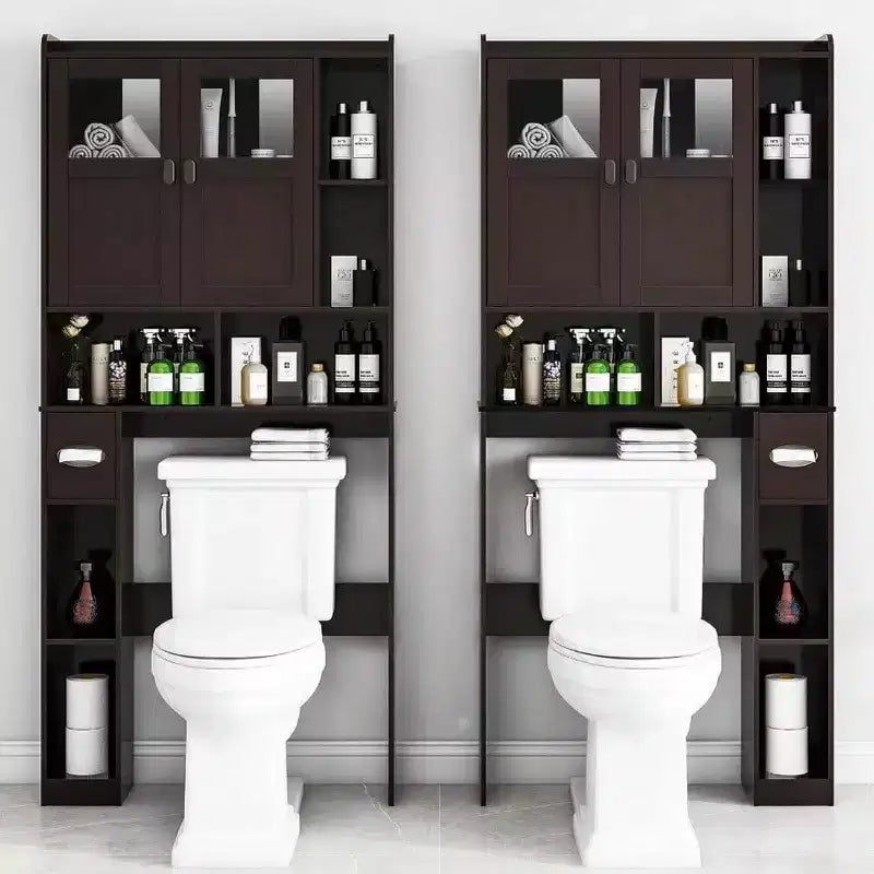 Armario de almacenamiento sobre el inodoro Estantería de baño con puertas de cristal Estantes ajustables Espresso Estante de inodoro independiente que ahorra espacio