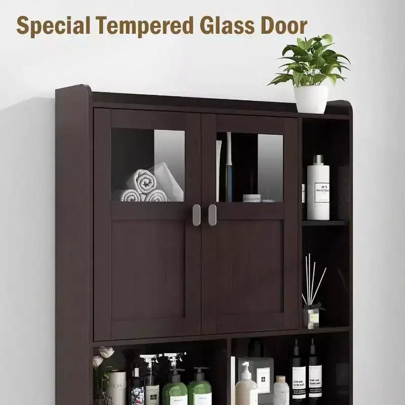 Armario de almacenamiento sobre el inodoro Estantería de baño con puertas de cristal Estantes ajustables Espresso Estante de inodoro independiente que ahorra espacio