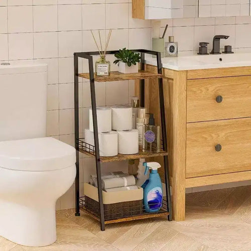Estante de baño de 3 niveles con valla, organizador retro de madera y metal para baños, cuartos de lavado y sala de estar