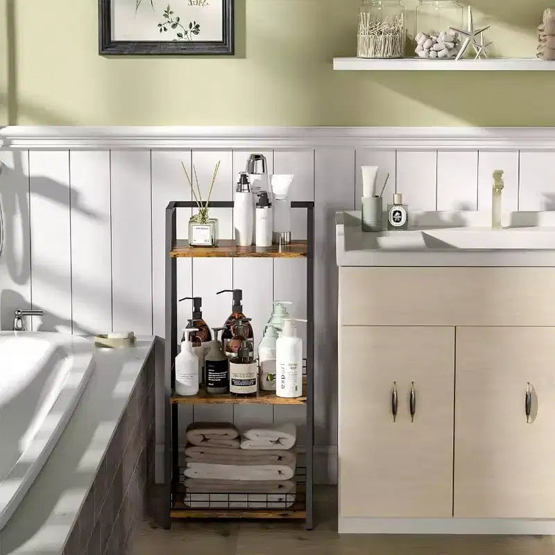 Estante de baño de 3 niveles con valla, organizador retro de madera y metal para baños, cuartos de lavado y sala de estar
