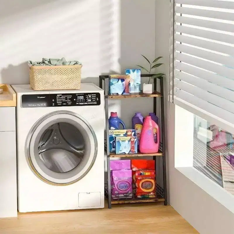 Estante de baño de 3 niveles con valla, organizador retro de madera y metal para baños, cuartos de lavado y sala de estar