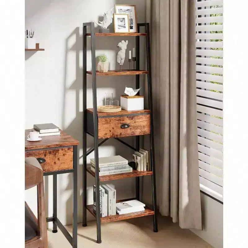 Estantería Escalera de 5 Niveles, Estantería Estrecha Alta con Cajón, Organizador Industrial con Estantes Abiertos, Marrón Rústico, Baño
