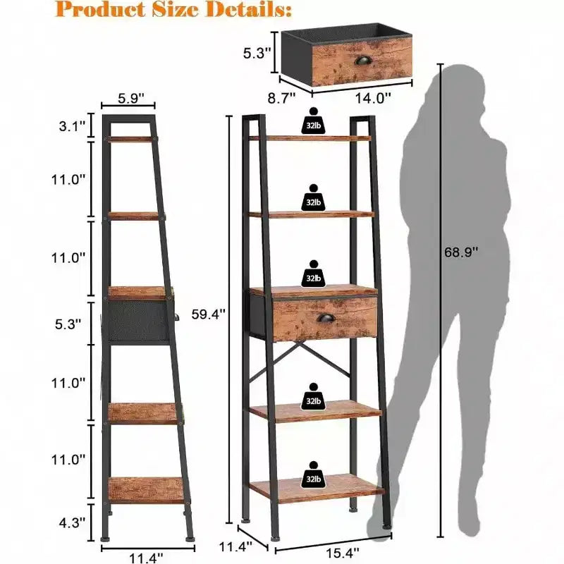 Estantería Escalera de 5 Niveles, Estantería Estrecha Alta con Cajón, Organizador Industrial con Estantes Abiertos, Marrón Rústico, Baño