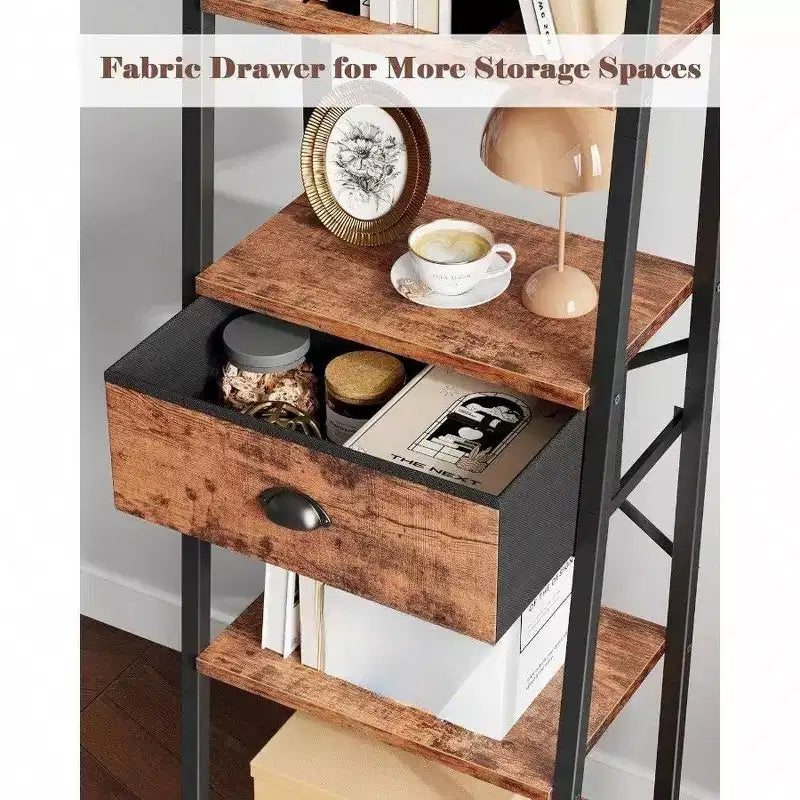 Estantería Escalera de 5 Niveles, Estantería Estrecha Alta con Cajón, Organizador Industrial con Estantes Abiertos, Marrón Rústico, Baño