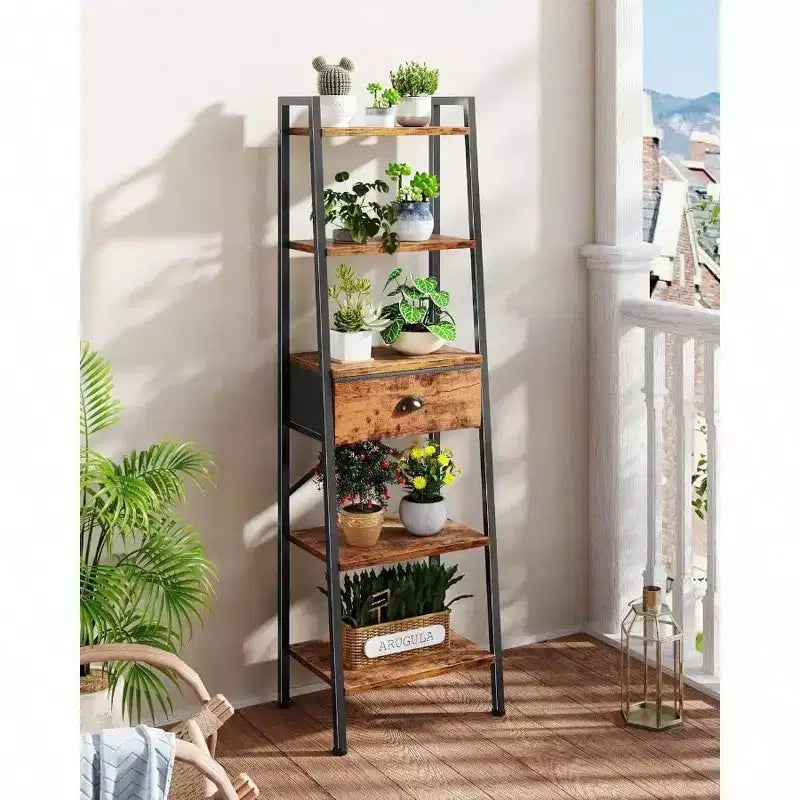 Estantería Escalera de 5 Niveles, Estantería Estrecha Alta con Cajón, Organizador Industrial con Estantes Abiertos, Marrón Rústico, Baño