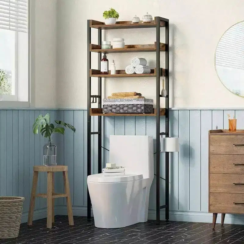 Estantería organizadora de 3 niveles para inodoro con estantes ajustables, ahorrador de espacio para baño, organizador rústico marrón para lavadero o baño