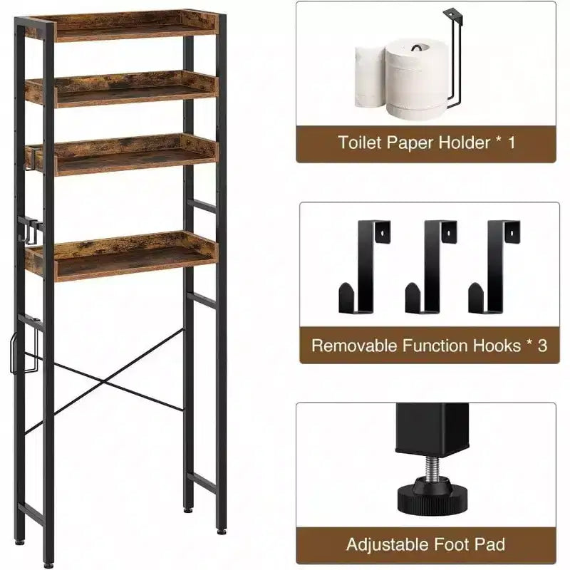 Estantería organizadora de 3 niveles para inodoro con estantes ajustables, ahorrador de espacio para baño, organizador rústico marrón para lavadero o baño