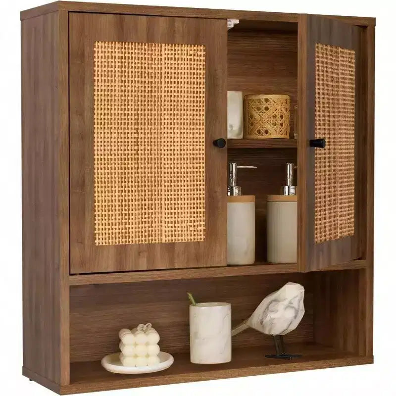 Wall Cabinet Rattan Boho Chic Over Toilet Storage 3 - Tier Wall Mount Double - Door Bathroom Kitchen Dining Room Living Room