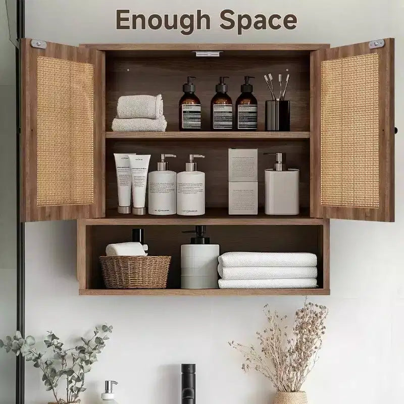 Armario de pared de ratán, estilo bohemio chic, para almacenamiento sobre el inodoro, 3 niveles, montaje en pared, doble puerta, para baño, cocina, comedor, sala de estar