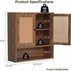 Armario de pared de ratán, estilo bohemio chic, para almacenamiento sobre el inodoro, 3 niveles, montaje en pared, doble puerta, para baño, cocina, comedor, sala de estar