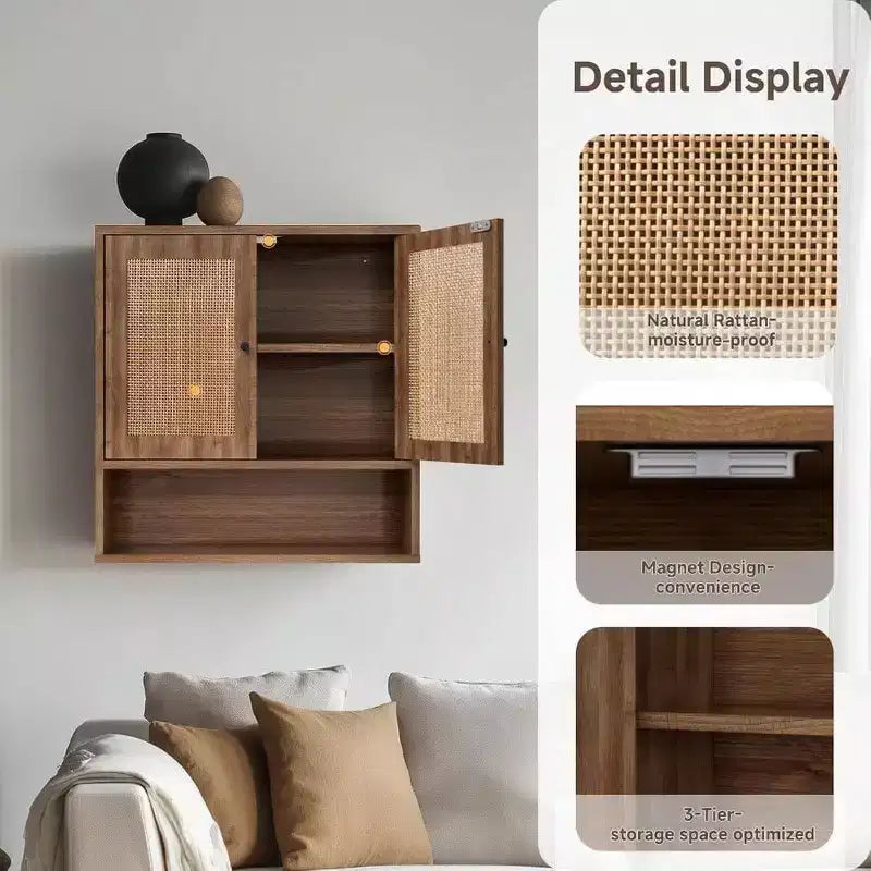 Armario de pared de ratán, estilo bohemio chic, para almacenamiento sobre el inodoro, 3 niveles, montaje en pared, doble puerta, para baño, cocina, comedor, sala de estar