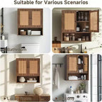 Armario de pared de ratán, estilo bohemio chic, para almacenamiento sobre el inodoro, 3 niveles, montaje en pared, doble puerta, para baño, cocina, comedor, sala de estar