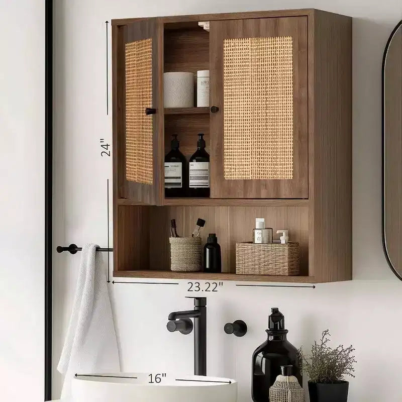 Armario de pared de ratán, estilo bohemio chic, para almacenamiento sobre el inodoro, 3 niveles, montaje en pared, doble puerta, para baño, cocina, comedor, sala de estar