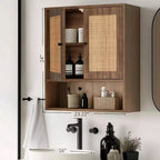 Armario de pared de ratán, estilo bohemio chic, para almacenamiento sobre el inodoro, 3 niveles, montaje en pared, doble puerta, para baño, cocina, comedor, sala de estar