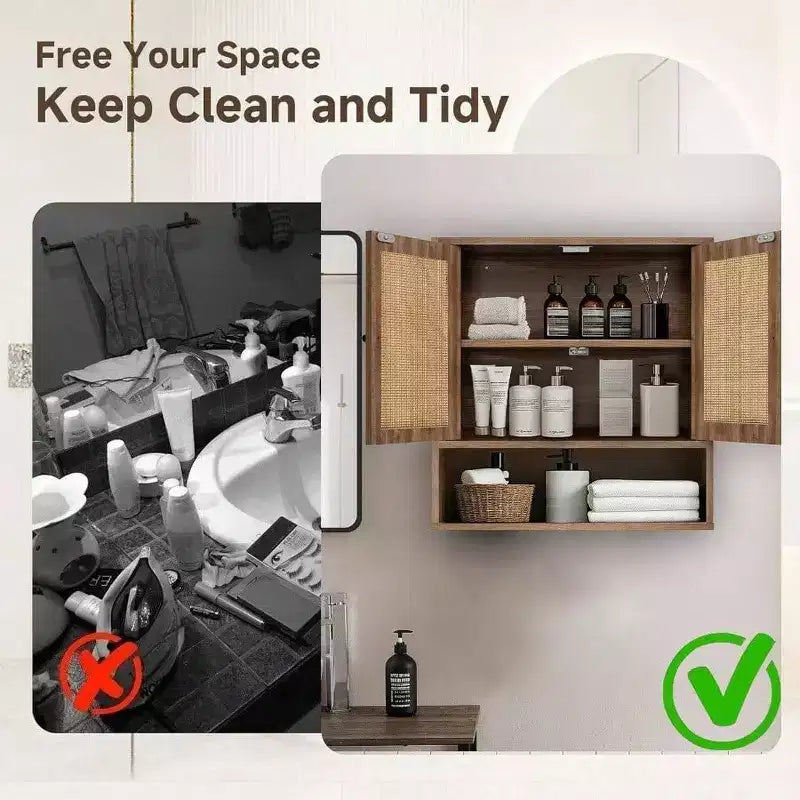 Armario de pared de ratán, estilo bohemio chic, para almacenamiento sobre el inodoro, 3 niveles, montaje en pared, doble puerta, para baño, cocina, comedor, sala de estar
