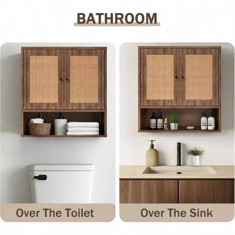 Armario de pared de ratán, estilo bohemio chic, para almacenamiento sobre el inodoro, 3 niveles, montaje en pared, doble puerta, para baño, cocina, comedor, sala de estar